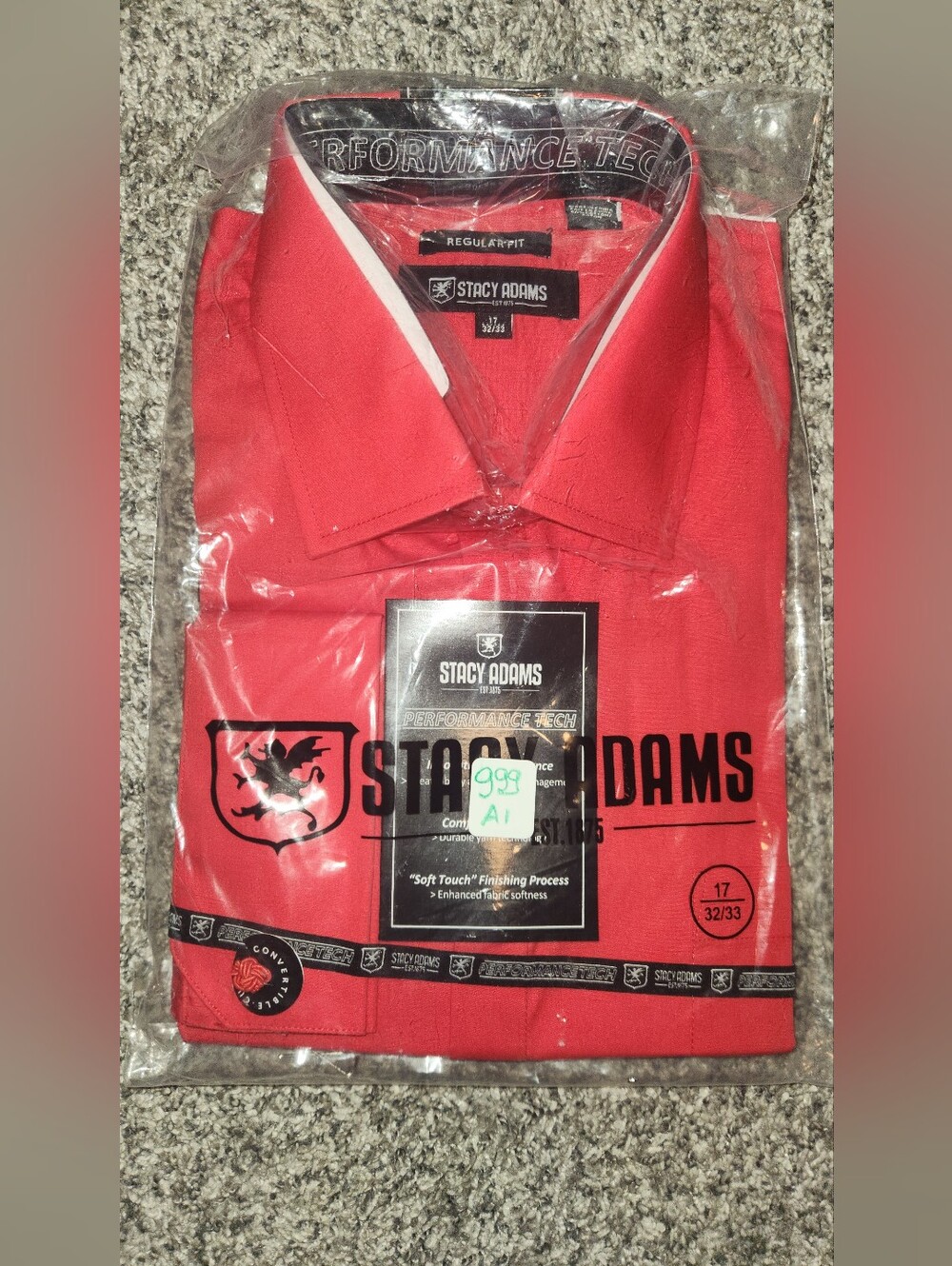 Stacy Adams Bright Red Performance Dress Shirt.  17 32/33 NWT